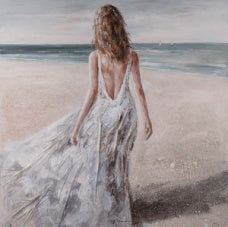 Painting Lady Walking Coastal Art